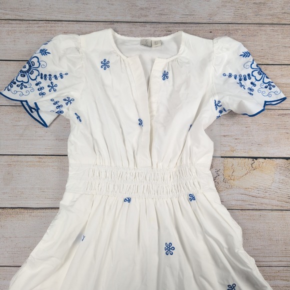 Joie White Blue Floral Embroidered Smocked Waist Maxi Dress Womens Small Boho - Picture 3 of 11